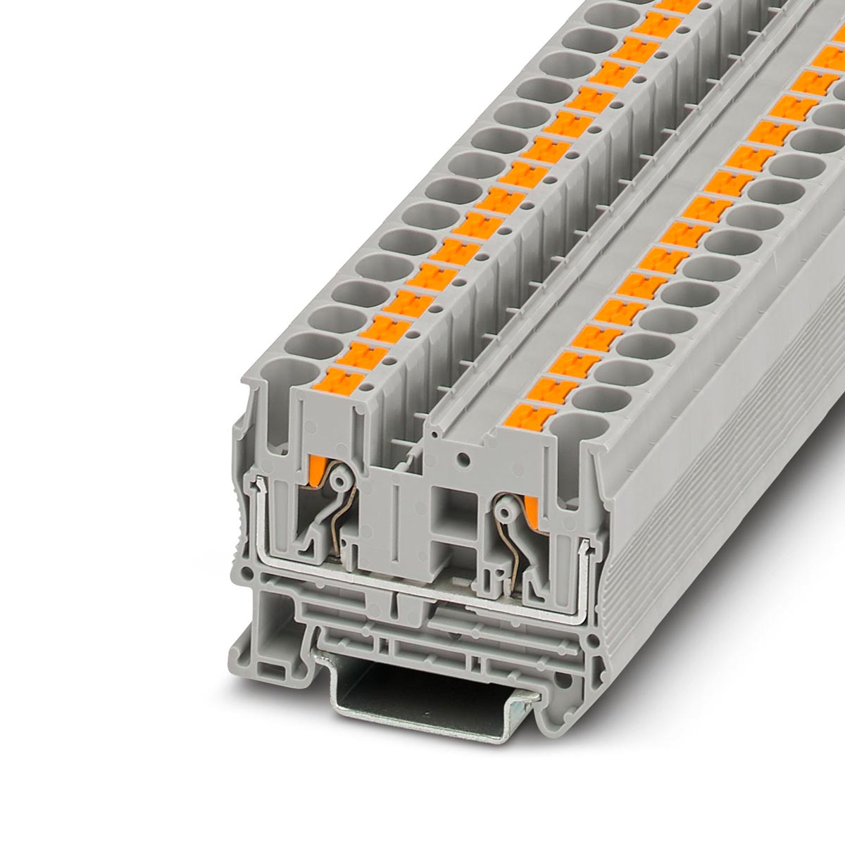 Bornas para Carril: Flexibilidad y Conexión Segura  Las bornas para carril ofrecen una alta flexibilidad en la estructura del regletero de bornas. Elija entre diferentes tecnologías de conexión y combine las bornas mediante la colocación de puentes con foso puenteado doble. Este sistema destaca por sus accesorios de puenteado, rotulación y comprobación, garantizando una instalación eficiente y segura.